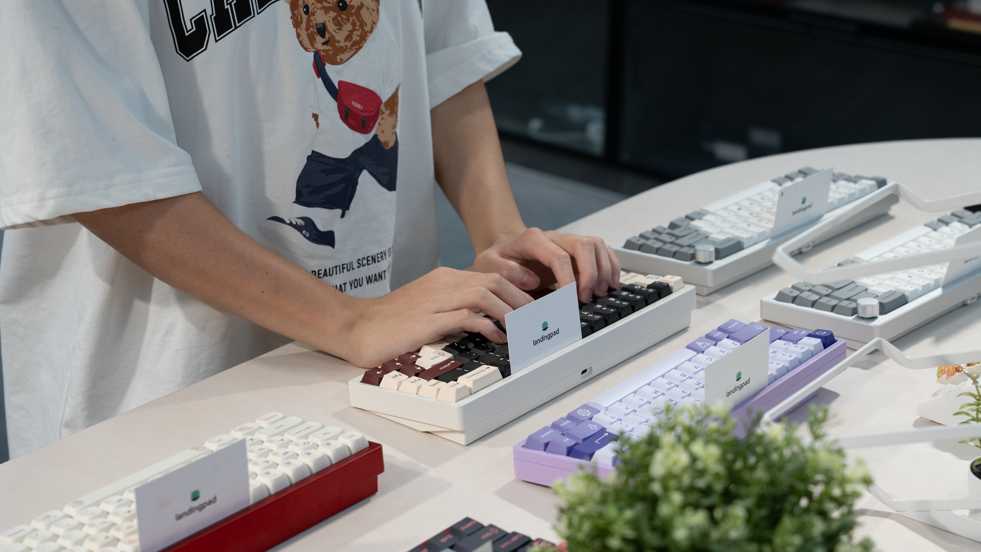 Custom mechanical keyboard on a workshop desk